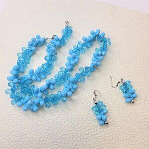 BLUE and Glassy Blue Faceted Bead Cluster Necklace and Earrings Set